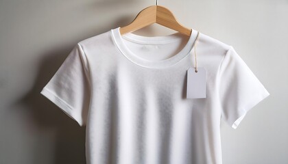 Minimalist mockup of a close-up white T-shirt hanging on a wooden hanger against a light wall background. Generative AI