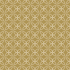 Simple golden vector floral pattern. Abstract minimalist seamless ornament texture with small outline flower silhouettes, dots in regular grid. Minimal gold geometric background. Subtle repeat design