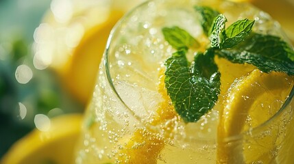   Close-up image of glass filled with yellow liquid, representing lemonade The surface is adorned with a fresh mint sprig
