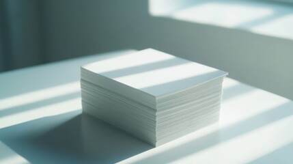 A set of business cards neatly stacked on a minimalist white table, soft lighting.
