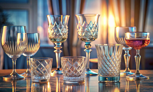 Wine glasses and stemware on the table in the interior - Powered by Adobe