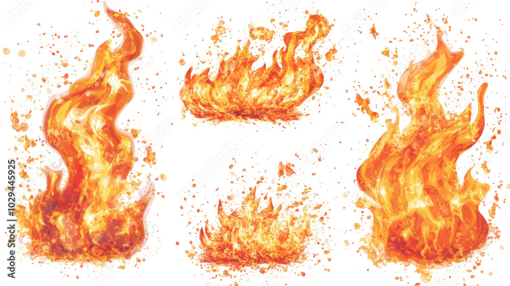 Poster collection of dynamic flame graphics with various shapes and sizes generative ai