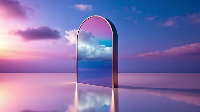 Archway with a surreal sky reflection set against a calm sunset horizon, blending the elements of nature and contemporary design for a dreamy and artistic visual experience.