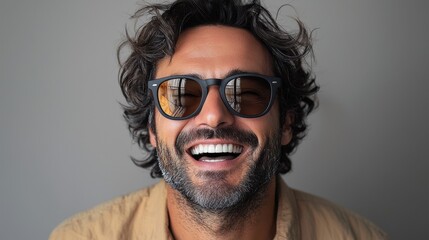 Fototapeta premium Man with curly hair and sunglasses smiling against a neutral backdrop in a casual indoor setting during daylight