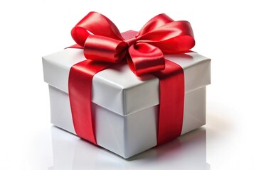 Obraz premium Realistic white gift box with red satin ribbon isolated on white background Macro