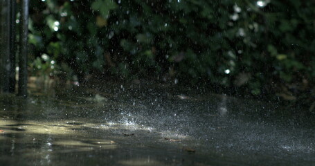 Fototapeta premium Water splashing on a wet ground, slow-motion capture of droplets creating a dynamic and refreshing scene in a natural setting