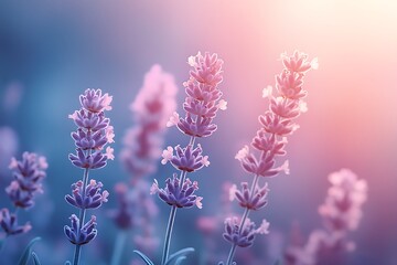 Obraz premium Lavender flowers in bloom with soft sunlight in the background