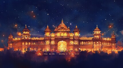 Captivating watercolor poster illustration of the mysore dasara celebration featuring a beautifully lit palace at night surrounded by vibrant festivities and a starry sky