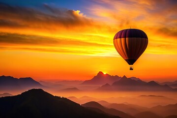 Silhouette hot air balloon above high mountain at sunset