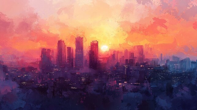   A painting captures a cityscape at dusk, featuring distant sunset, clouds in focal point, and buildings in background