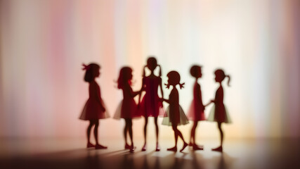 Fototapeta premium Motion blur photo of group of colorful abstract little girl silhouettes standing together. Generative AI