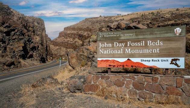 A panorama image of the John Day highway einering Picture Gorge and the Sheep Rock Unit of the John Day Fossil Beds National Monument