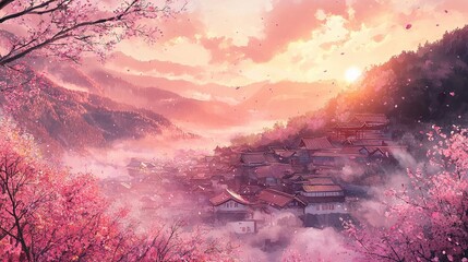   A village painting surrounded by forest, featuring pink flowers in the foreground and a beautiful sunset in the background