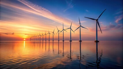 Offshore wind farm with white turbines at dawn