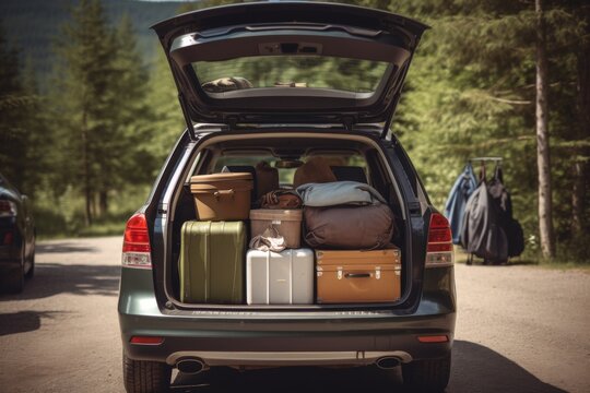 Car on parking lot with open trunk filled with luggage