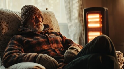 Fototapeta premium Old man warms up by heater as he gets cold at home in winter. Senior house owner in warm hat and plaid sitting in armchair and warming his hands in gloves by modern electric radiator