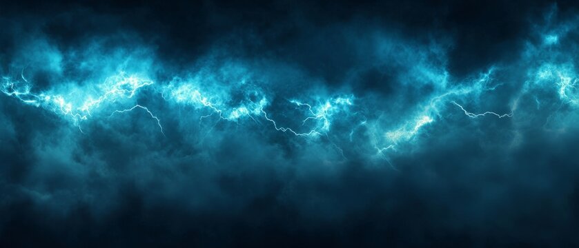 Realistic thunder light and blue smoke cloud bottom frame. Mysterious lightning glow border wide panoramic element
