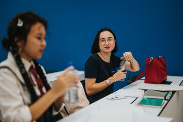 Two students sit at a desk in a classroom, discussing while preparing with water bottles. The setting conveys a focus on education and hydration during learning.