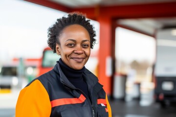 Naklejka premium Portrait of a middle aged African American female worker at gas station