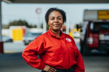 Portrait of a middle aged African American female worker at gas station
