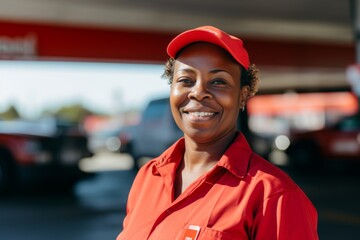 Portrait of a middle aged African American female worker at gas station