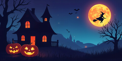 Halloween background. Horror house. Spooky haunted lanterns, scary moon on jack castle. Autumn pumpkin silhouette. Witch on broom. Poster or banner. Party invitation.
