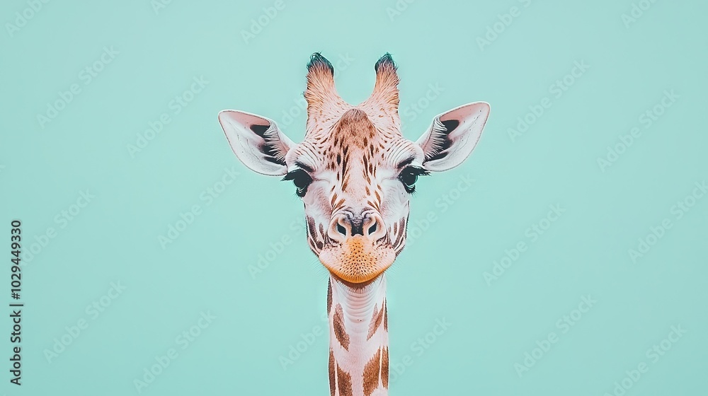 Canvas Prints   A giraffe's face on green background with blue sky in the background