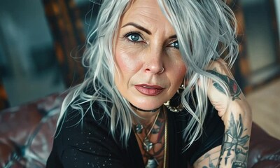 A confident woman with striking silver hair and intricate tattoos poses artfully in a creatively designed indoor space, showcasing her unique style and personality