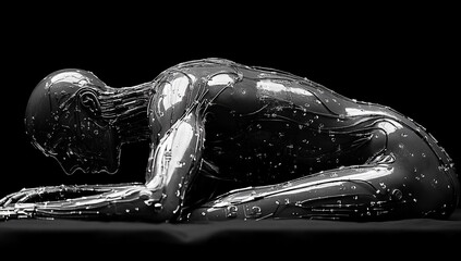 A futuristic humanoid figure in a crouched position, showcasing sleek, reflective surfaces.
