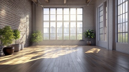 Obraz premium With wooden flooring and a contemporary brick wall design, this loft-style empty room features wooden flooring and a large window
