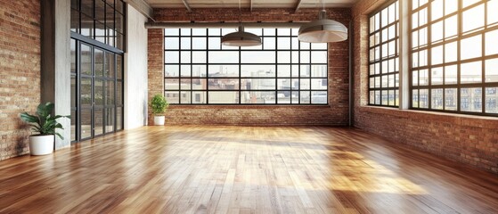 With wooden flooring and a contemporary brick wall design, this loft-style empty room features wooden flooring and a large window