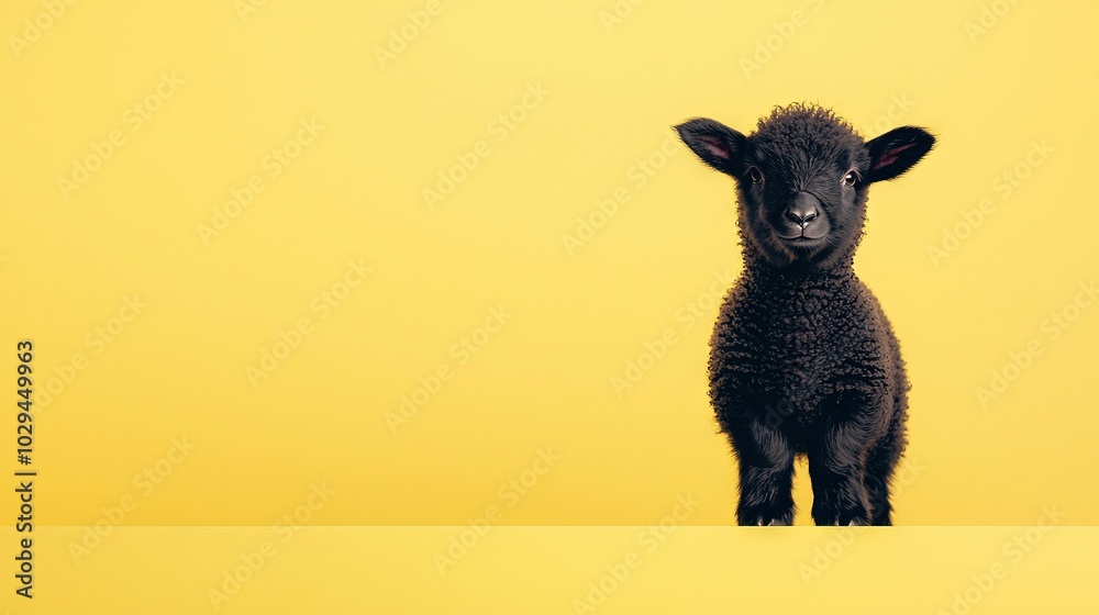 Wall mural   A yellow wall is visible behind a sad-faced, black sheep positioned atop a yellow background