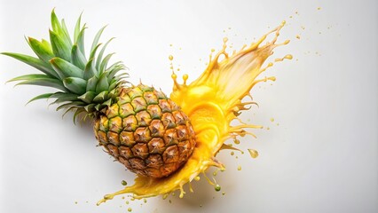 Pineapple bursting with juice splash on white background top view
