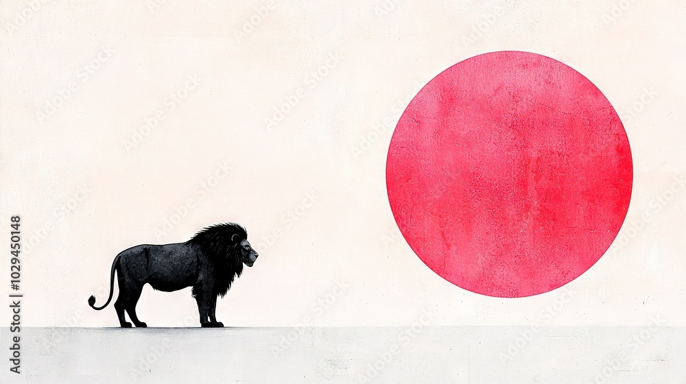 Canvas Prints   A painting of a lion standing before a giant crimson circle and a black lion in front of it