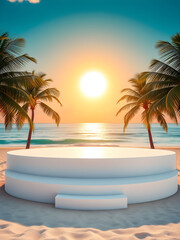 Obraz premium Luxury big empty white podium in the middle of the tropical beach and shows the intense heat of the weather with a scorching sun on the background. Generative AI