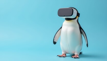 Fototapeta premium Penguin using VR glasses while standing over an isolated pale blue background.