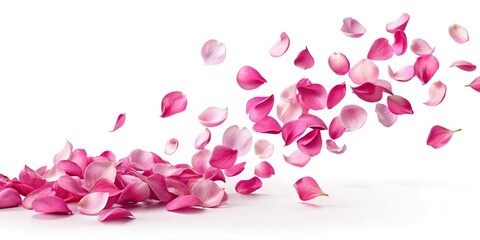 Silhouette of flying pink petals on white background