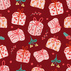 Christmas gifts seamless pattern. Hand drawn pink presents with holly berries and mistletoe on red background. Vintage ornament for wrapping paper.
