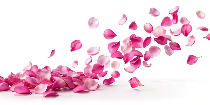 Silhouette of flying pink petals on white background