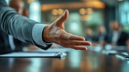 A hand reaching out during a business meeting, suggesting communication or negotiation.