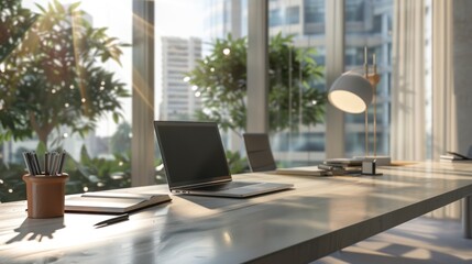Modern Office Workspace with Laptop, City View and Natural Light