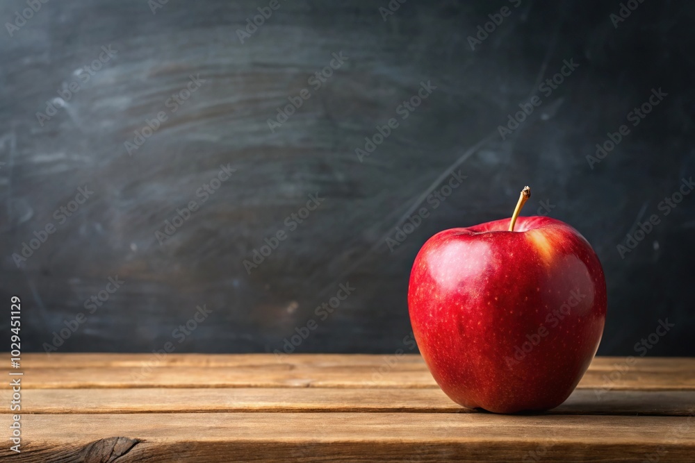 Canvas Prints red apple on wooden table in front of blackboard