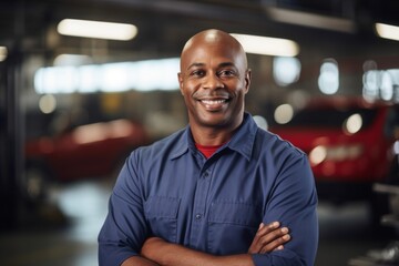 Obraz premium Portrait of a smiling middle aged African American car mechanic