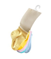 New colorful baby socks with label closeup isolated on a white background