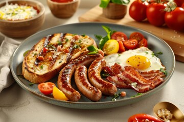Traditional English breakfast with eggs, sausages, bacon, and grilled tomatoes