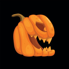 Halloween Pumpkin Jack-o-Lantern Vector Illustration. Carved Grinning Face with a Mischievous, Sinister Expression, Sharp Teeth, and Toothsome Grin, Side View. Isolated on a Black Background