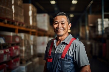 Portrait of a joyful middle aged Asian male warehouse worker