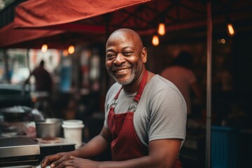 Smiling portrait of a middle aged African American male food truck owner