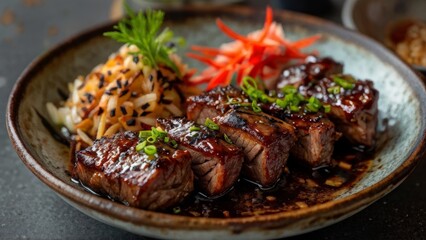 A Japanese dish of chicken pieces fried over coals on bamboo skewers. Yakitori is a very popular dish in Japan.