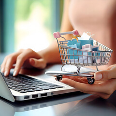 Close up of a person hold laptop/smartphone with online shopping concept